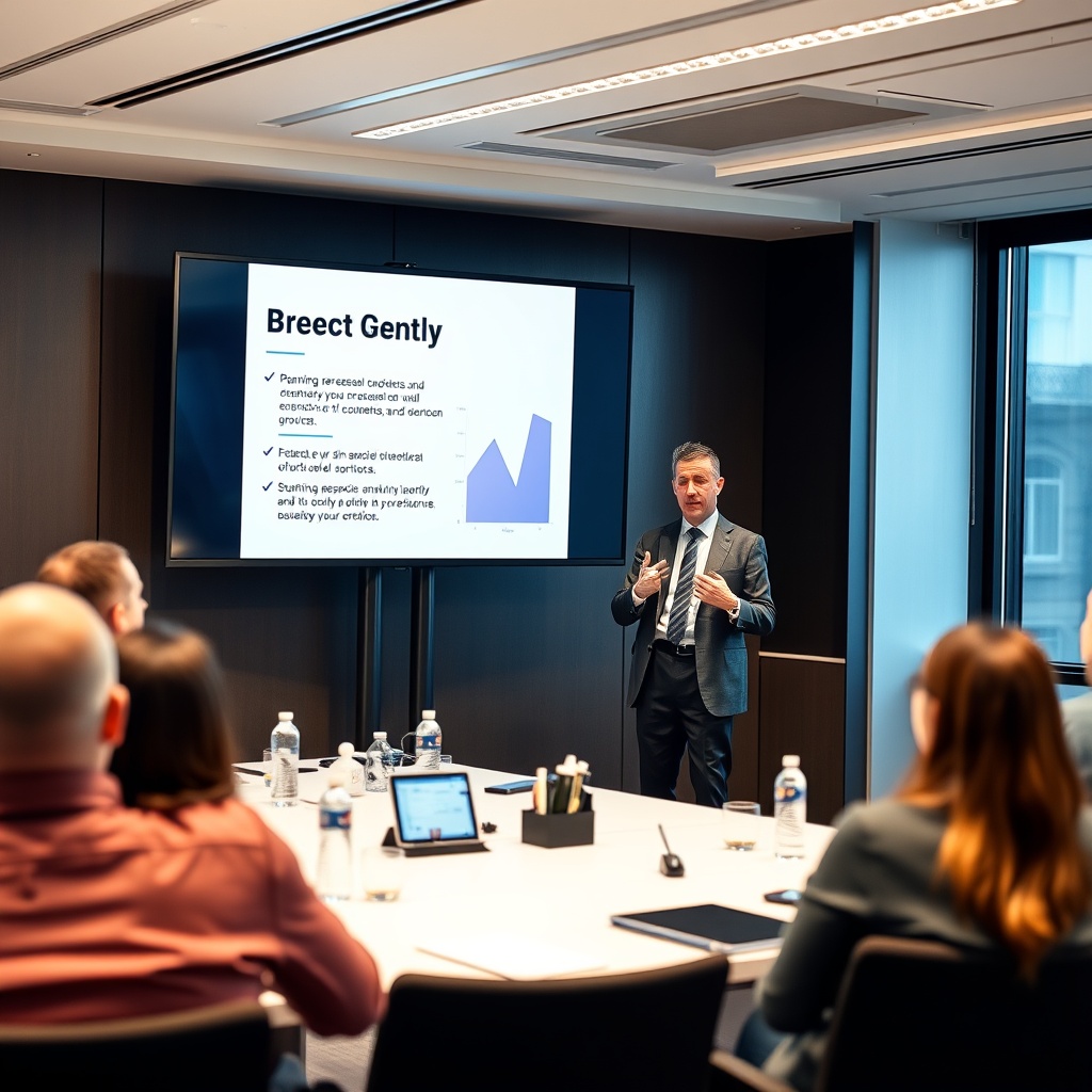 Professional stock photo of a European business leader presenting a successful case study on a digital screen to an engaged audience in a conference room, highlighting growth and innovation.