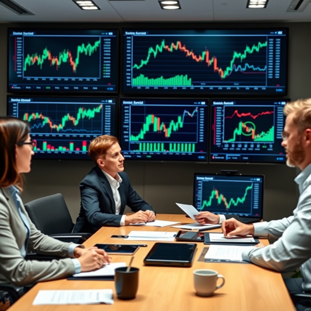 Professional stock photo of a modern European business meeting with executives analyzing financial charts and risk models on digital screens, representing market dynamics and pricing trends.