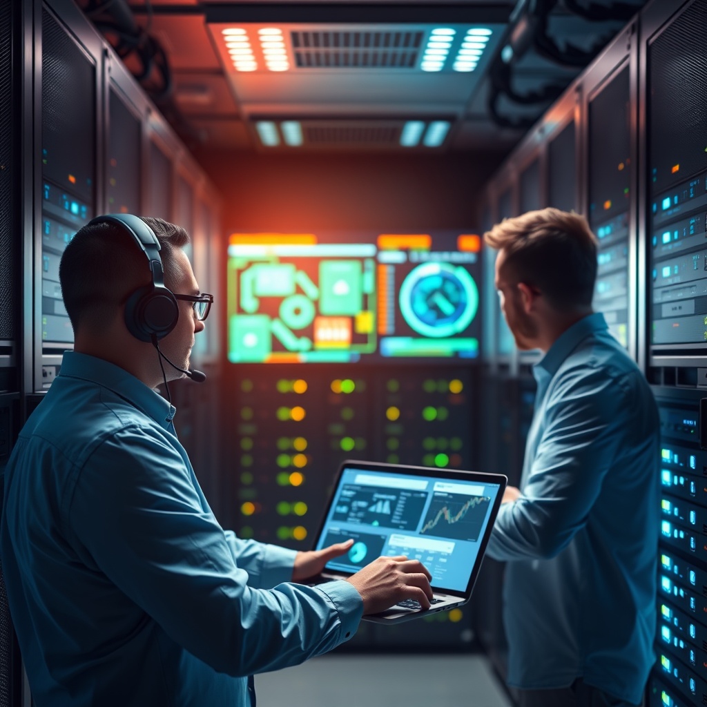 Professional stock photo of cybersecurity experts in a European data center monitoring network security dashboards with glowing server racks, symbolizing cyber risk transfer strategies.