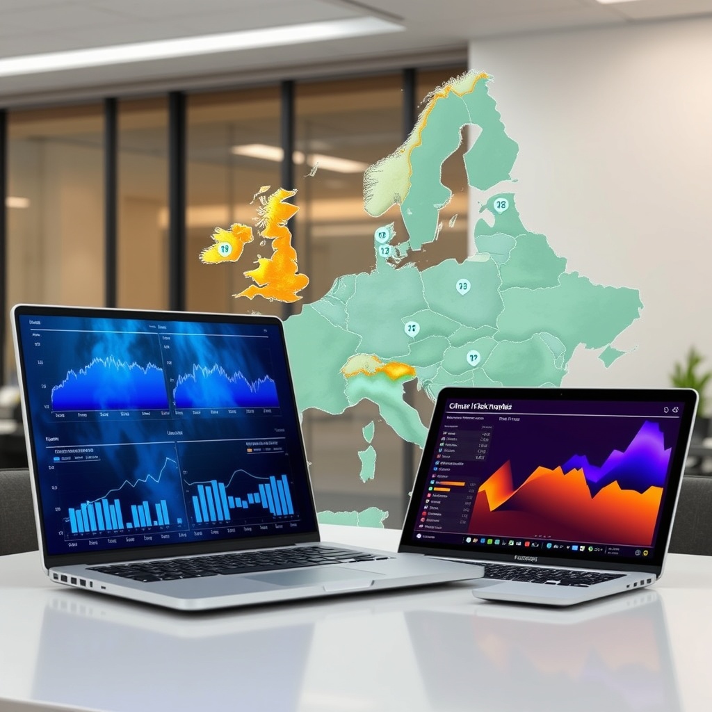 Professional stock photo of a European city map overlaid with dynamic data visualizations showing rising temperature graphs and storm icons, with a laptop displaying climate risk models in the foreground, modern office setting, high-quality commercial style, no text.