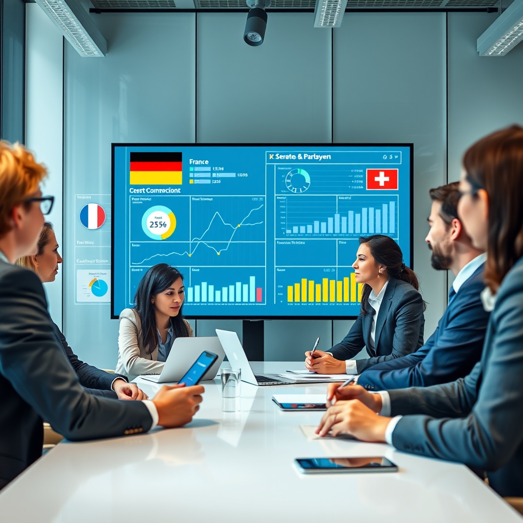 Professional stock photo of a diverse group of business professionals in a modern European office analyzing digital charts on a large screen, with icons representing Germany, France, UK, and Switzerland, collaborative meeting atmosphere, high-quality commercial style, no text.