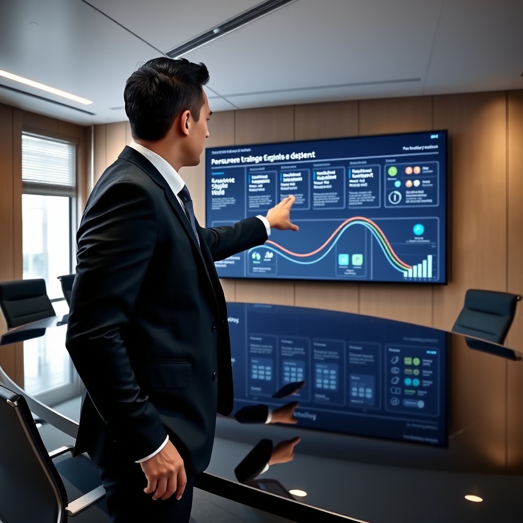 Professional stock photo of a reinsurance executive in a sleek European boardroom pointing to a strategic roadmap on a digital display, with data analytics dashboards and partnership icons visible, decisive business environment, high-quality commercial style, no text.