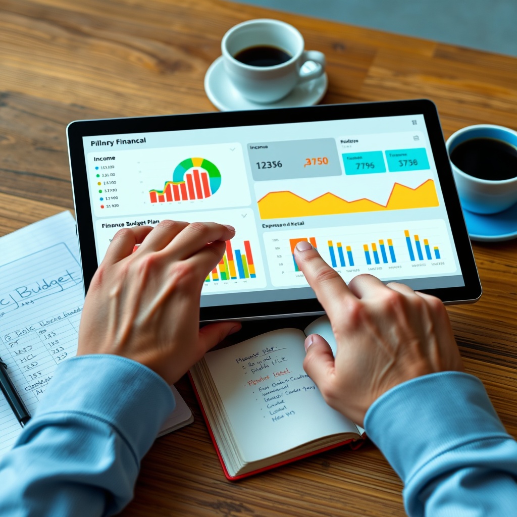 Professional stock photo of a person's hands using a tablet to interact with a colorful, dynamic financial dashboard showing income and expense graphs, with a physical notebook open to a handwritten budget plan and a coffee cup on a wooden table, conveying planning and analysis.
