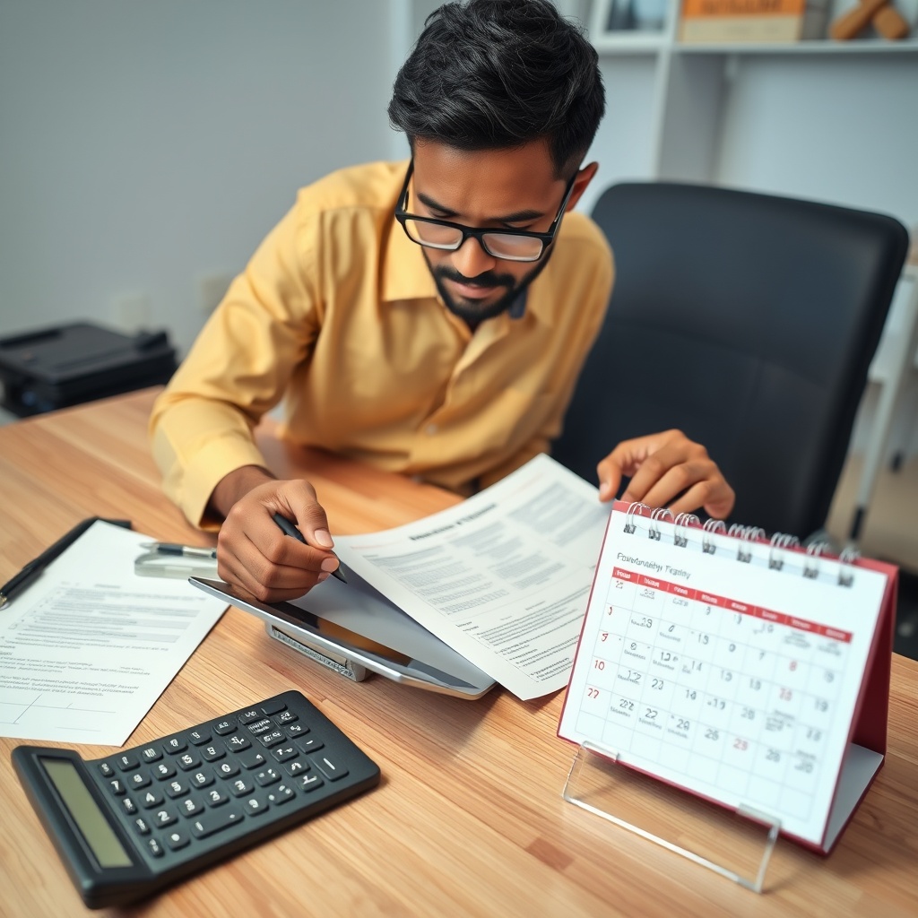 Professional stock photo of a focused freelancer in Timor-Leste reviewing official government documents related to social security contributions on a tablet, with a calculator and a calendar marked with important dates visible on a desk in a contemporary workspace.