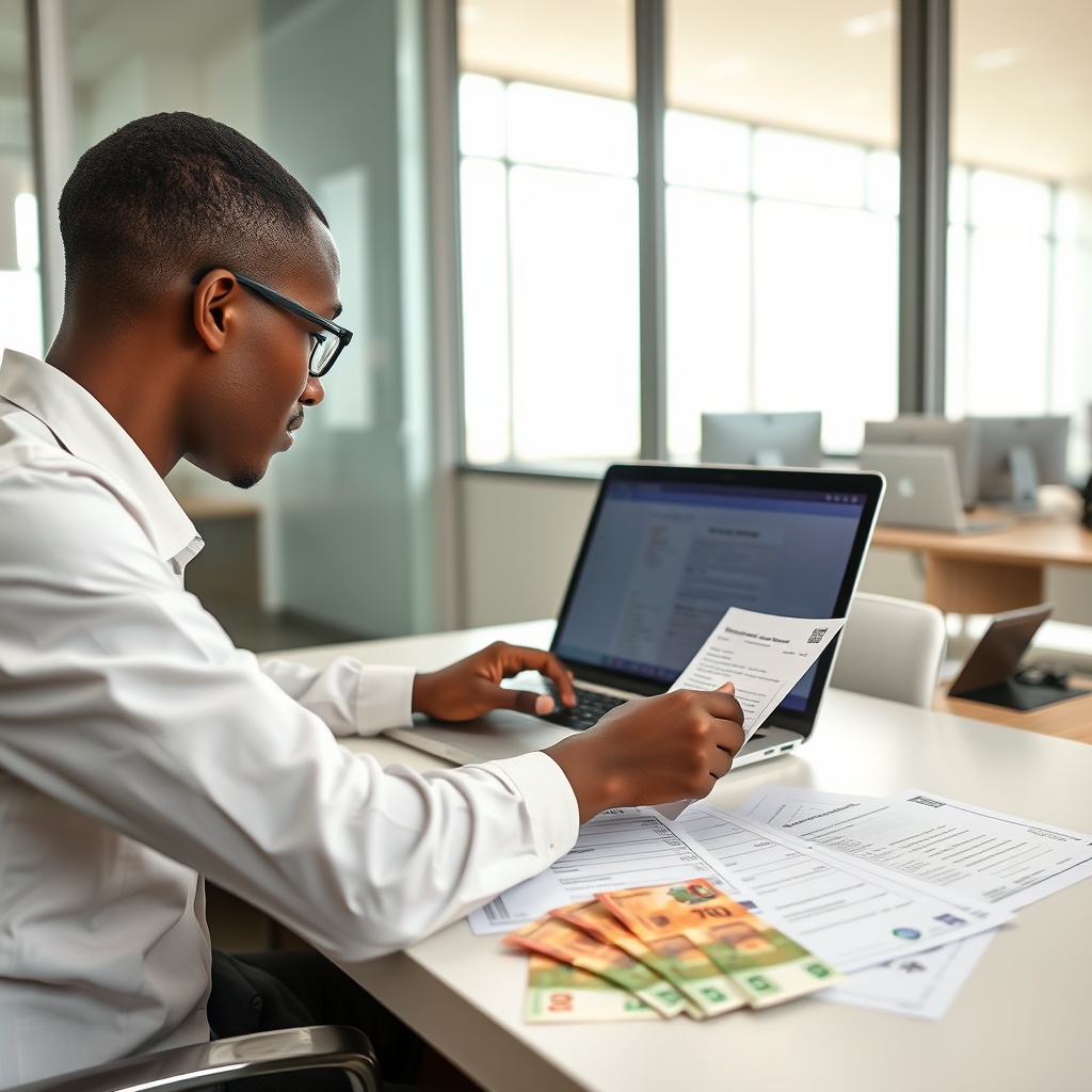 Professional stock photo of a person in a modern office in Togo reviewing legal documents and business registration forms on a laptop, with a clean desk setup and West African CFA Franc notes visible, representing business structure setup.