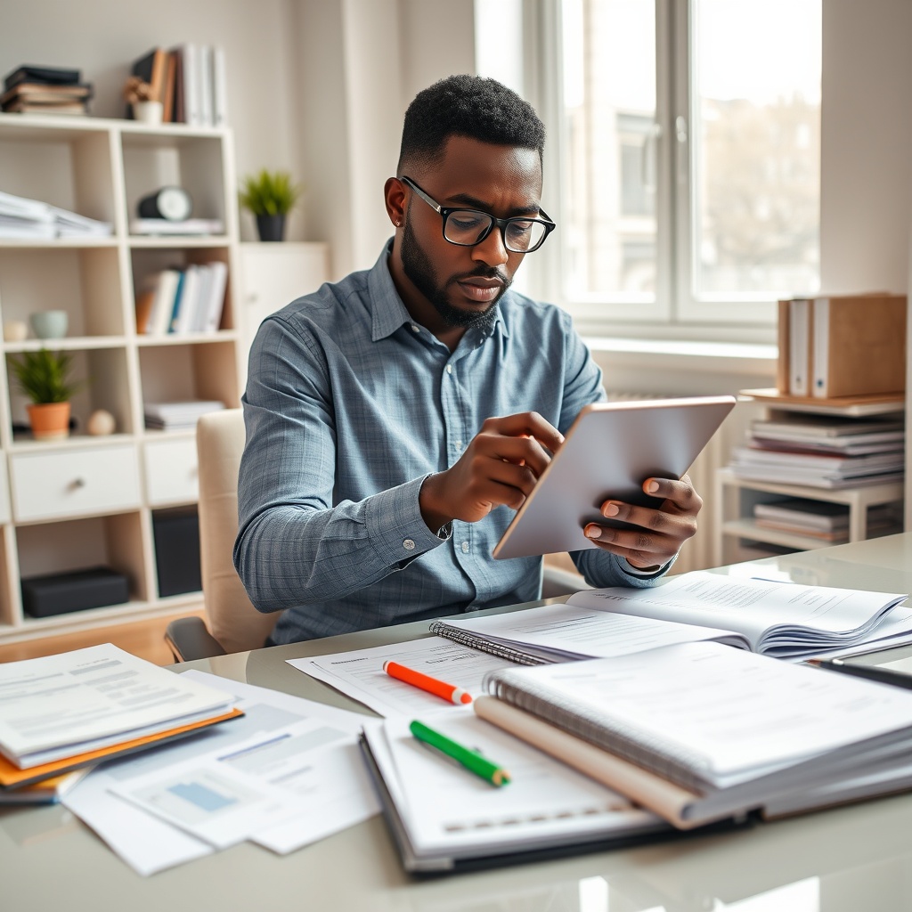 Professional stock photo of a Togolese freelancer using digital accounting software on a tablet in a bright home office, with organized financial documents and receipts neatly arranged, showcasing record-keeping practices.