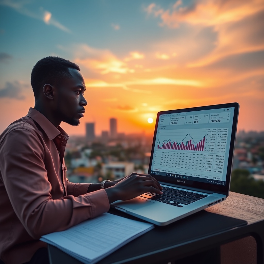 Professional stock photo of a freelancer in Togo planning long-term finances, with a laptop showing investment charts and retirement savings calculations, set against a backdrop of Lome's skyline at sunset.